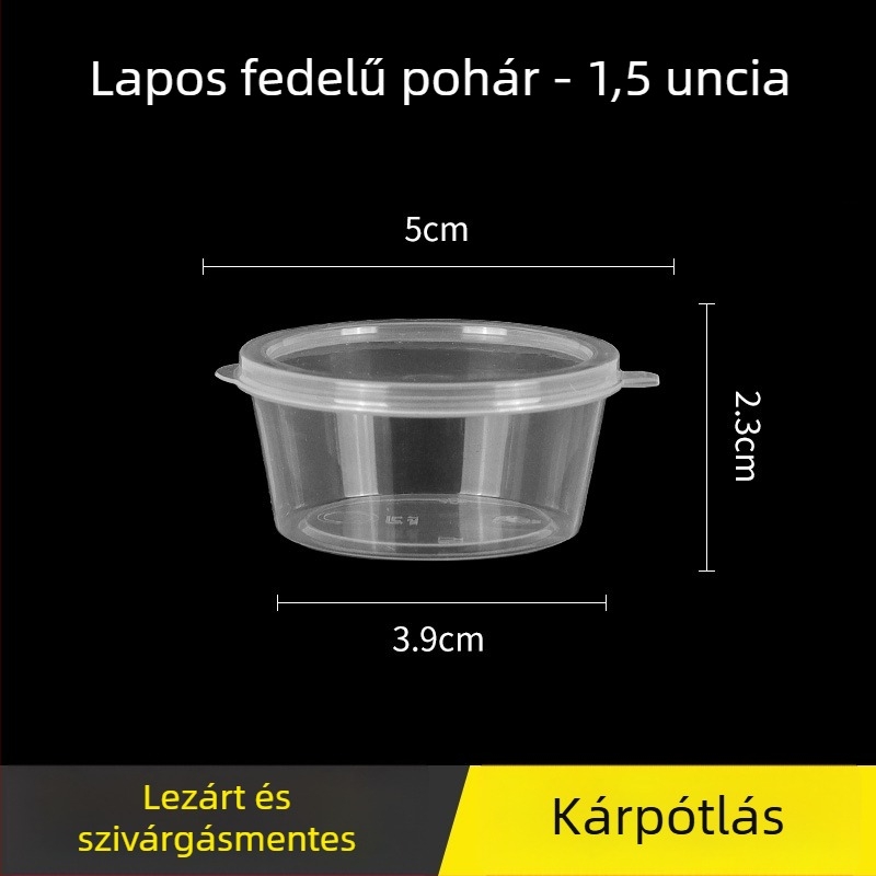 Egyszer használatos kör alakú szósz-doboz fedővel, kis ízesítő pohár, chiliolaj és mártogatós szószokhoz, passiógyümölcs íz, szállításra alkalmas csomagolás, vastag falú