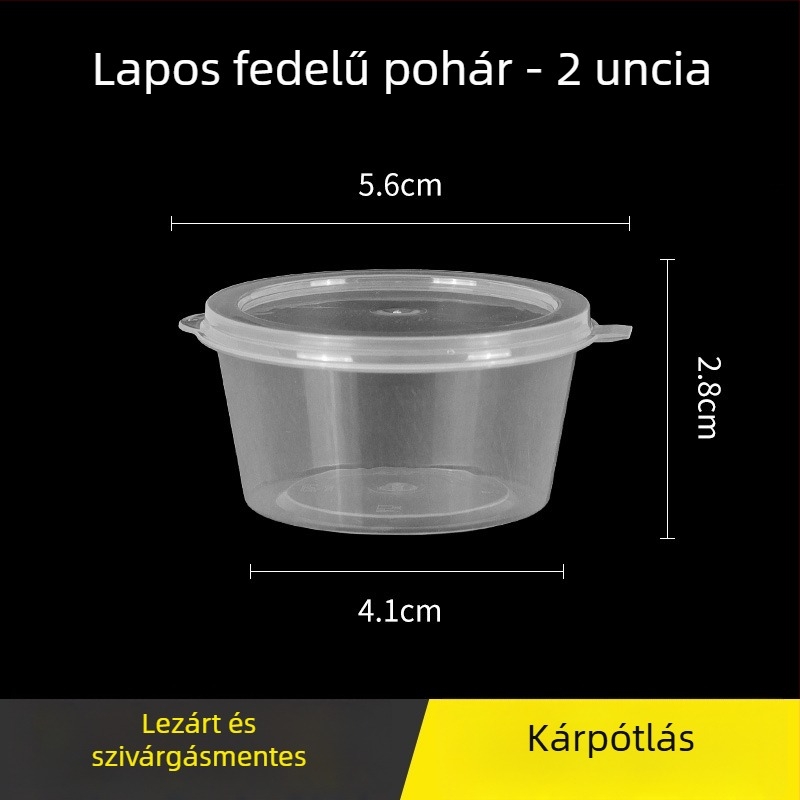 Egyszer használatos kör alakú szósz-doboz fedővel, kis ízesítő pohár, chiliolaj és mártogatós szószokhoz, passiógyümölcs íz, szállításra alkalmas csomagolás, vastag falú