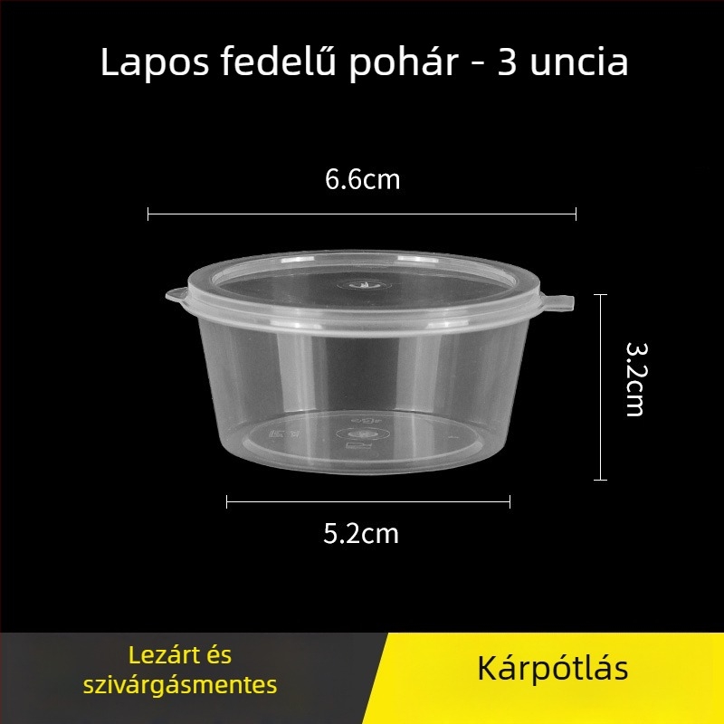 Egyszer használatos kör alakú szósz-doboz fedővel, kis ízesítő pohár, chiliolaj és mártogatós szószokhoz, passiógyümölcs íz, szállításra alkalmas csomagolás, vastag falú