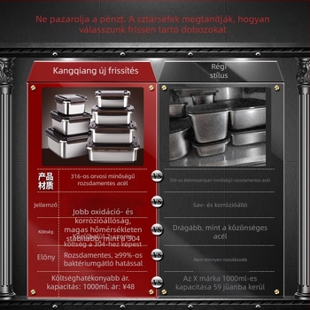 316 rozsdamentes acél ételhordó, téglalap alakú, frissességmegőrző tároló 1–4 L