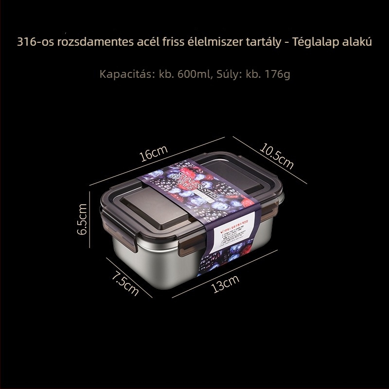 316 rozsdamentes acél ételhordó, téglalap alakú, frissességmegőrző tároló 1–4 L