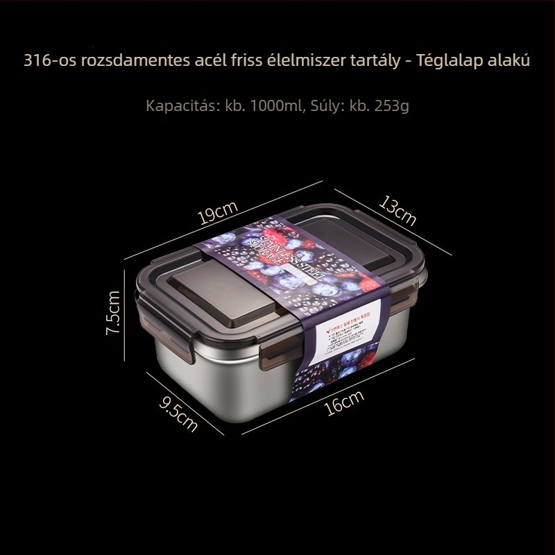 316 rozsdamentes acél ételhordó, téglalap alakú, frissességmegőrző tároló 1–4 L