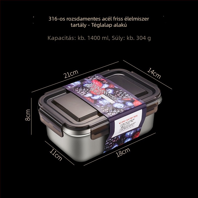 316 rozsdamentes acél ételhordó, téglalap alakú, frissességmegőrző tároló 1–4 L