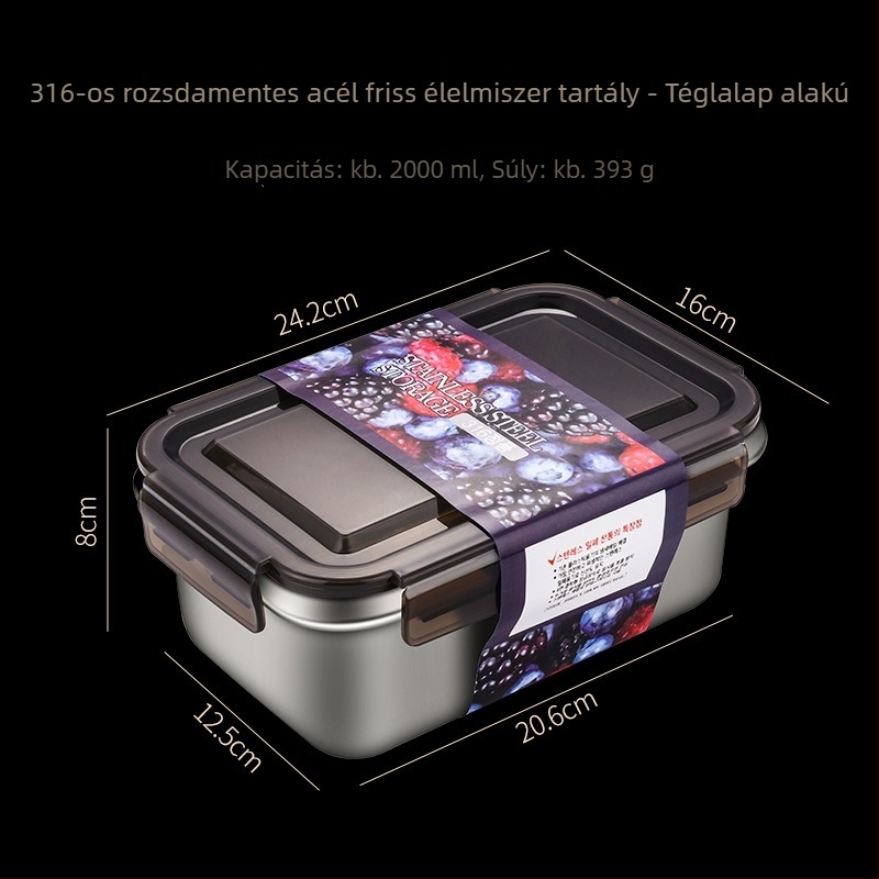 316 rozsdamentes acél ételhordó, téglalap alakú, frissességmegőrző tároló 1–4 L