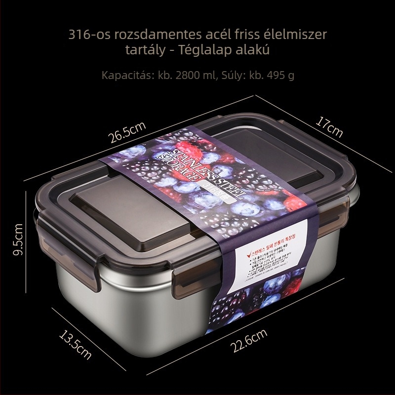 316 rozsdamentes acél ételhordó, téglalap alakú, frissességmegőrző tároló 1–4 L