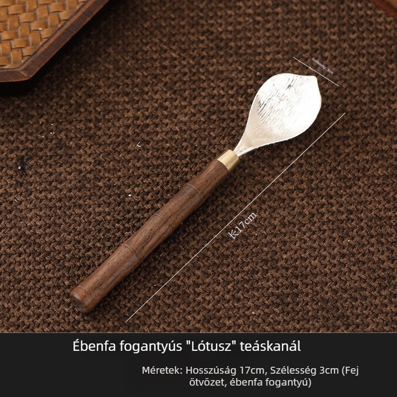 Ebonyfa nyelű teáskanál és ezüstözött cinkötvözet merőkanál – prémium teaceremónia kellékek