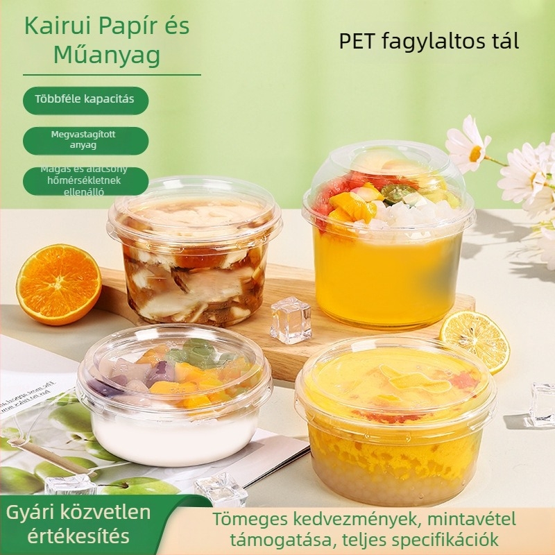 Egyszer használatos műanyag desszert tálak fedővel, taró golyókkal és gyümölcssalátával