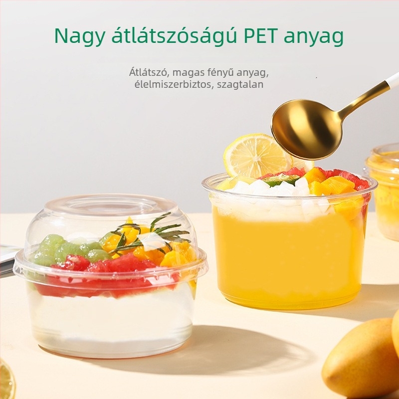 Egyszer használatos műanyag desszert tálak fedővel, taró golyókkal és gyümölcssalátával