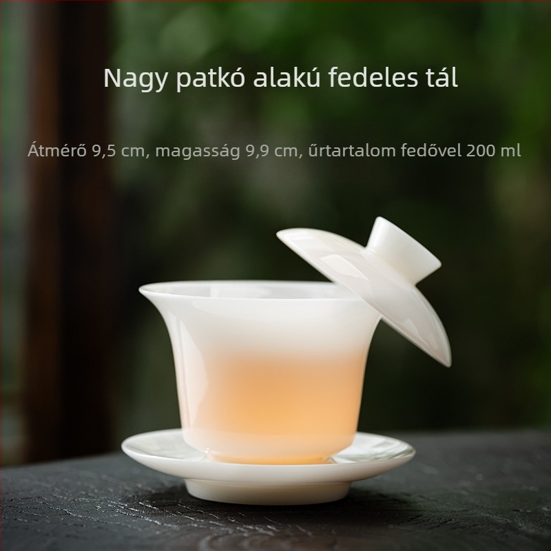 Ice Jade porcelán teás tál forgatható fedővel, fehér porcelán, háromrészes teás tál, prémium