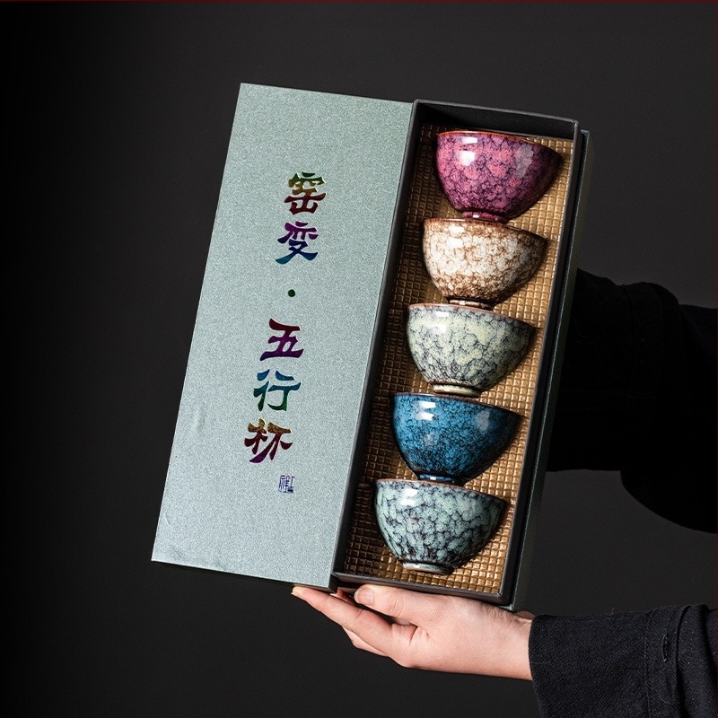 Porcelán Jianzhan teás készlet, Kung Fu teás edények, öt elem csészék, retro könnyű luxus