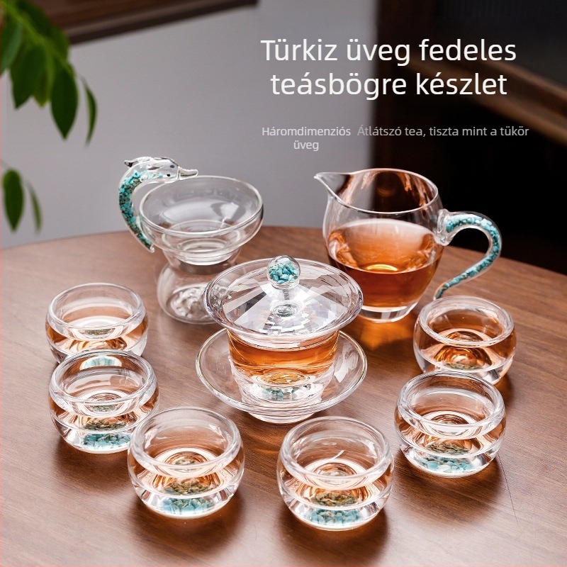 Türkiz kristályüveg gaiwan teáskészlet — prémium, teljes háromrészes készlet