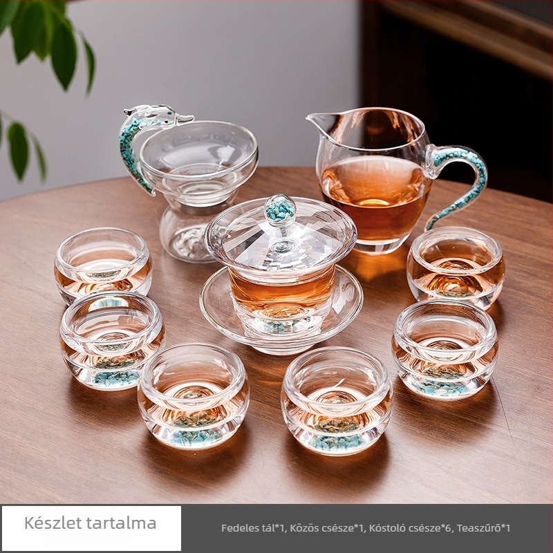 Türkiz kristályüveg gaiwan teáskészlet — prémium, teljes háromrészes készlet