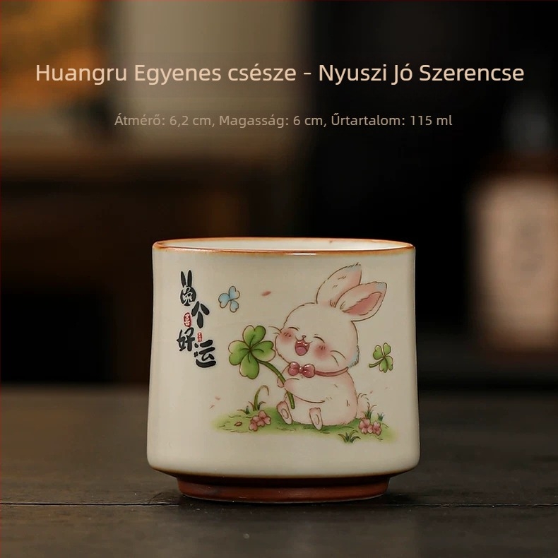 Aranyos nyuszi — szerencse teás pohár, bézs kerámia Ru Kiln mester pohár, Kung Fu teáskészlet, személyes teás tál