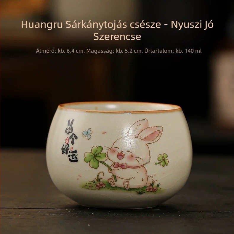 Aranyos nyuszi — szerencse teás pohár, bézs kerámia Ru Kiln mester pohár, Kung Fu teáskészlet, személyes teás tál