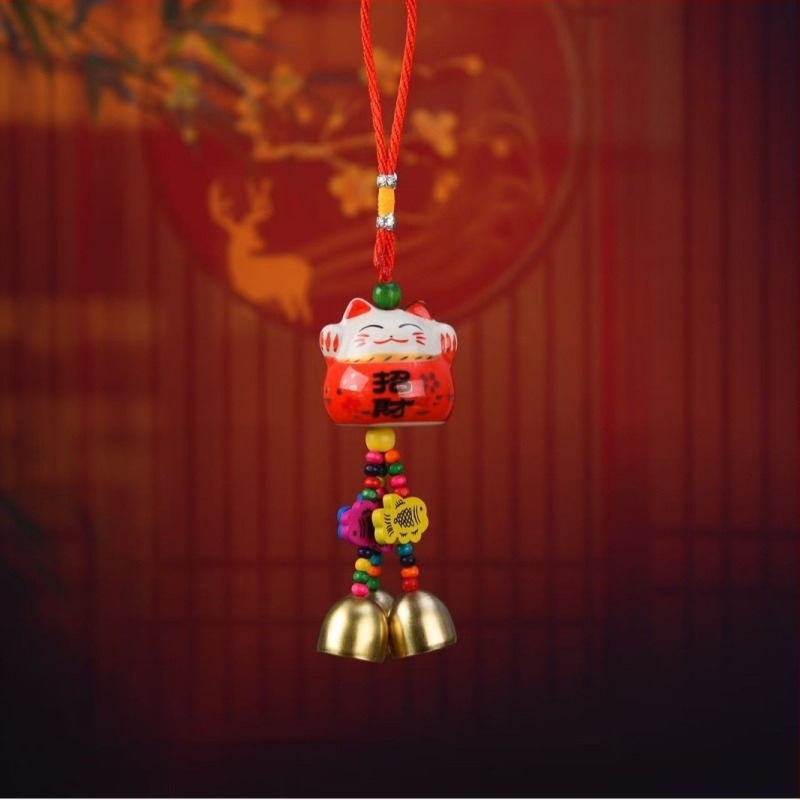 Kerámiából készült Maneki-Neko macska haranggal – autómedál, kínai stílusú belső dekoráció