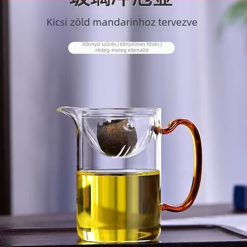 Xiaoyao teás készlet: üvegpohár oldalsó fogantyúval, tea- és víz elválasztó, fa fogantyúval ellátott szűrő