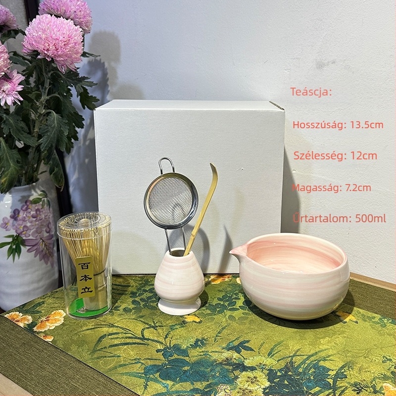 Japán-stílusú kerámia kézzel festett matcha tál, vízszintes csíkokkal, készlet chasen-hoz tartóval és bambusz teás ecsettel