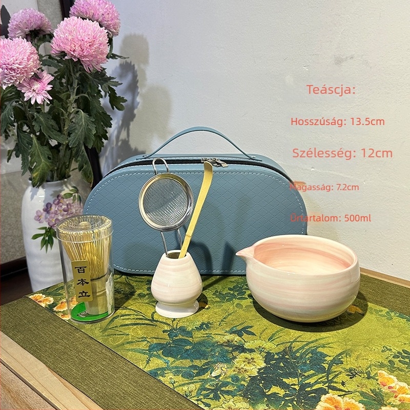 Japán-stílusú kerámia kézzel festett matcha tál, vízszintes csíkokkal, készlet chasen-hoz tartóval és bambusz teás ecsettel