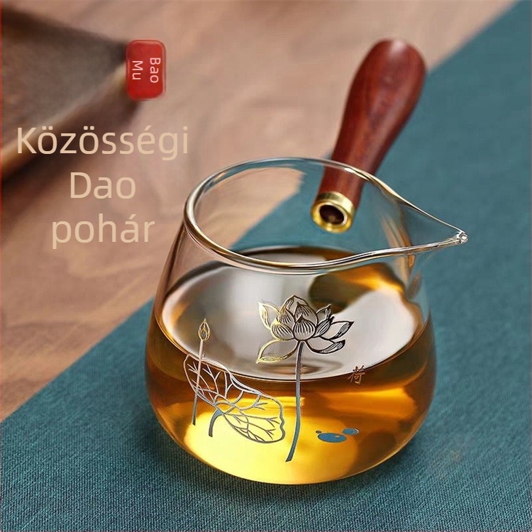 Átlátszó boroszilikát üveg teáskészlet oldalra nyíló fa fogantyúval, teát elosztó kancsóval, motívumok: szilva virág, orchidea, bambusz, krizantéma és lótusz