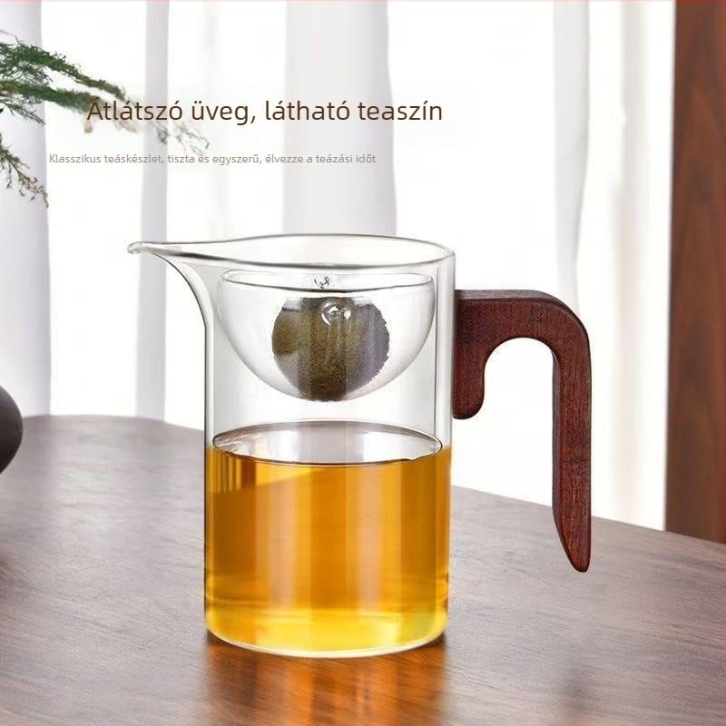 Rotációs teáskanna citrusos Pu-erh teához, hőálló üveg, fa fogantyú, beépített szűrő és Gongfu teás kancsó