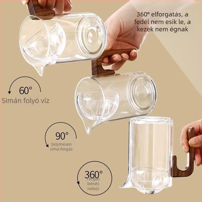 Rotációs teáskanna citrusos Pu-erh teához, hőálló üveg, fa fogantyú, beépített szűrő és Gongfu teás kancsó