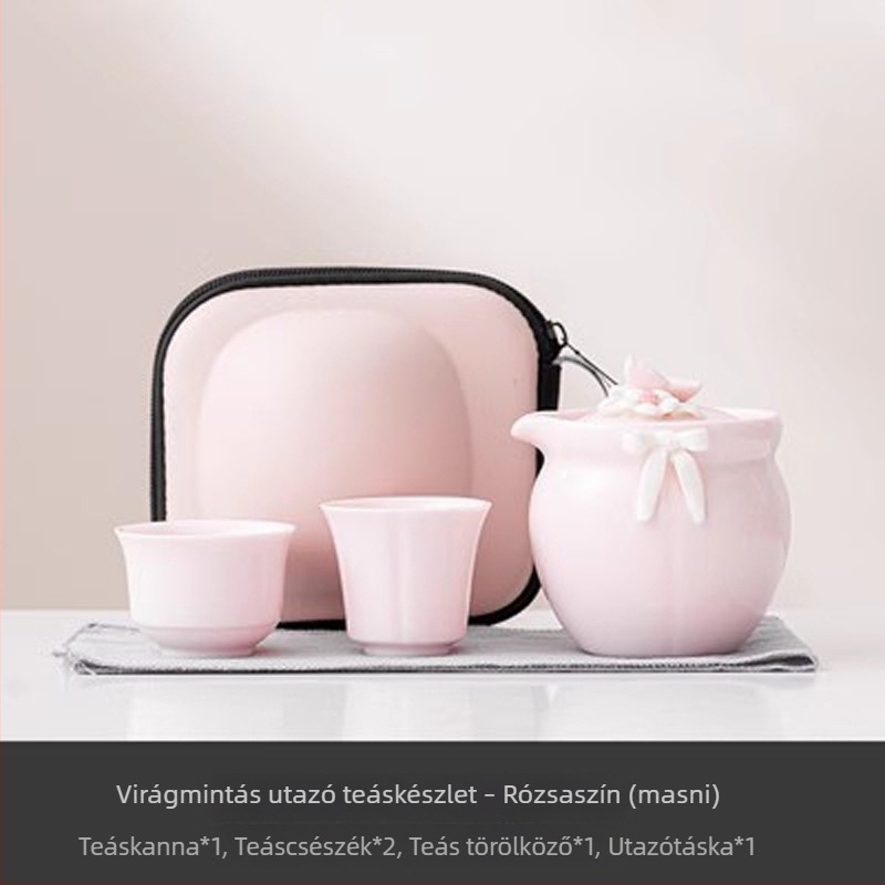 Rózsaszín virágos utazó teáskészlet egy teáskannával és két pohárral, hordozható kültéri teázáshoz