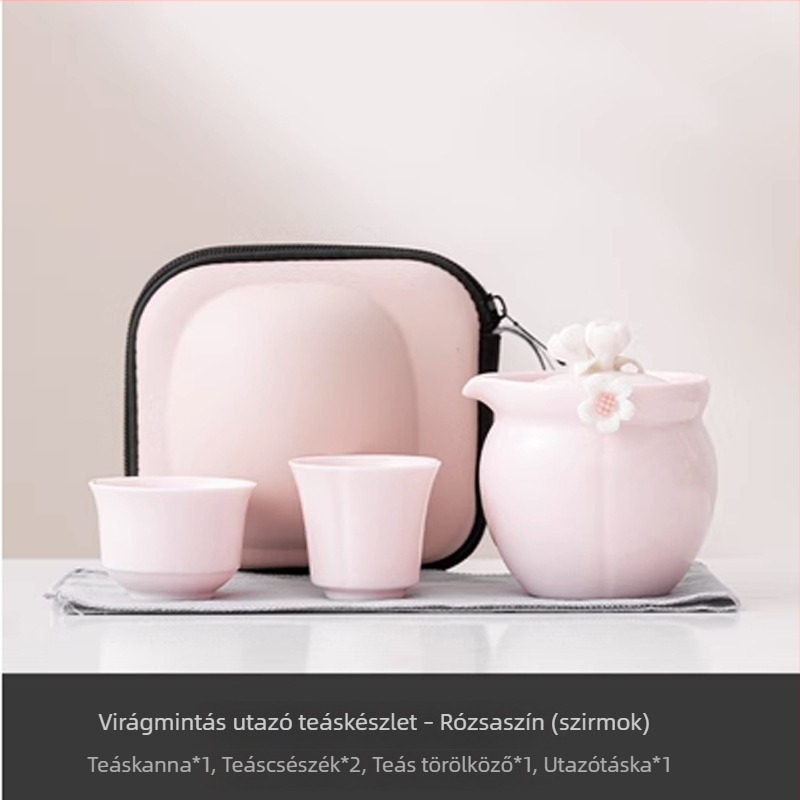 Rózsaszín virágos utazó teáskészlet egy teáskannával és két pohárral, hordozható kültéri teázáshoz