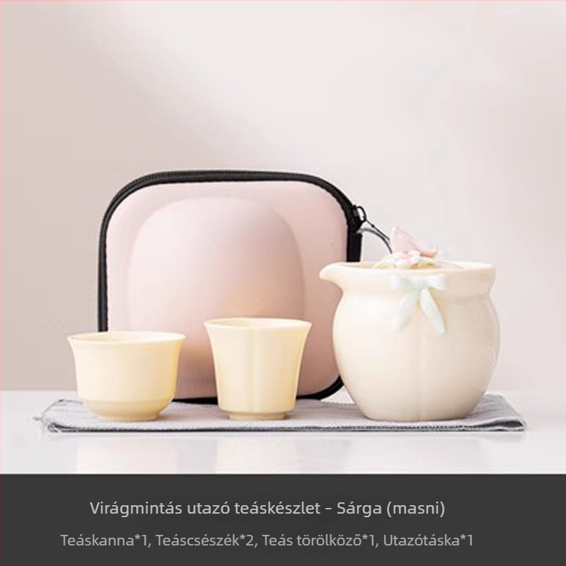 Rózsaszín virágos utazó teáskészlet egy teáskannával és két pohárral, hordozható kültéri teázáshoz