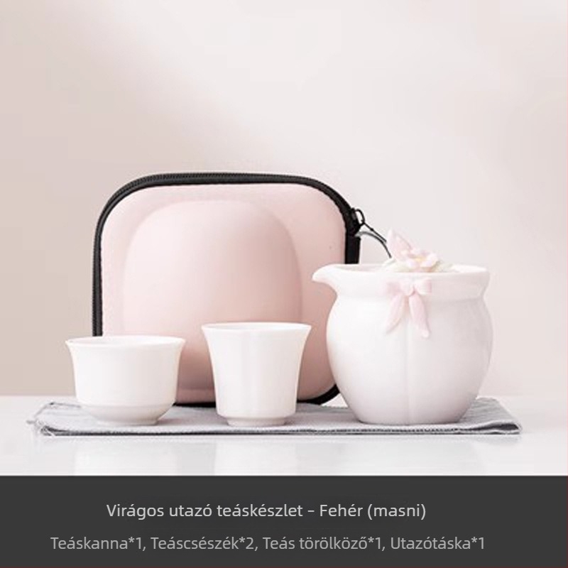 Rózsaszín virágos utazó teáskészlet egy teáskannával és két pohárral, hordozható kültéri teázáshoz