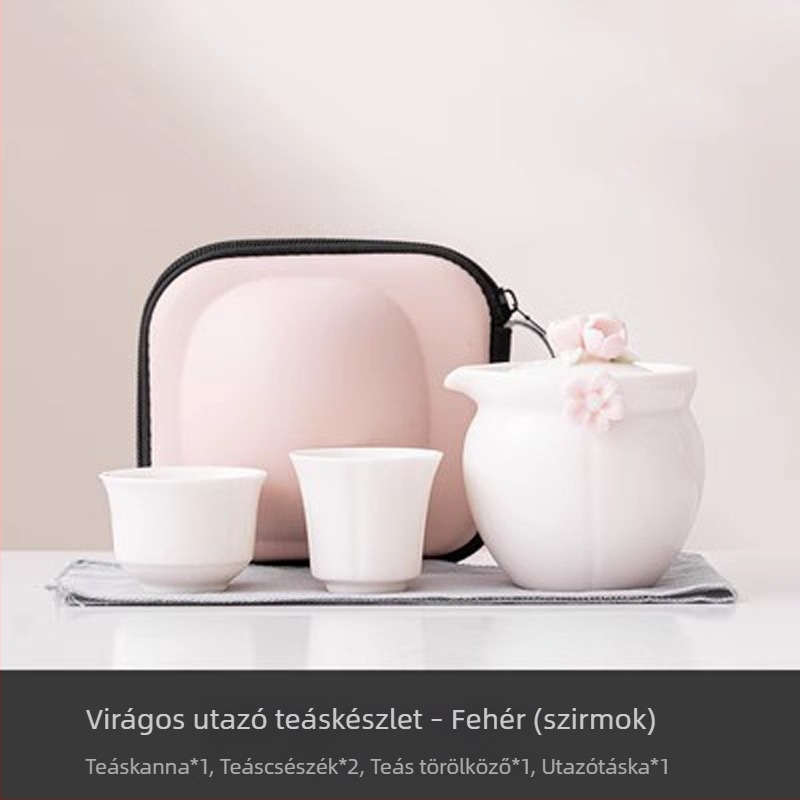 Rózsaszín virágos utazó teáskészlet egy teáskannával és két pohárral, hordozható kültéri teázáshoz