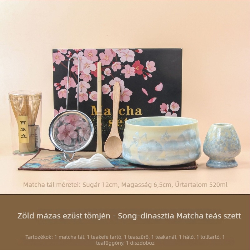 Japán stílusú matcha tál szájjal — kristályos mázzal, kemencében égetett készlet whisk és mérőkanál