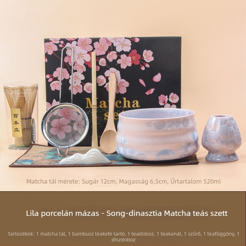 Japán stílusú matcha tál szájjal — kristályos mázzal, kemencében égetett készlet whisk és mérőkanál