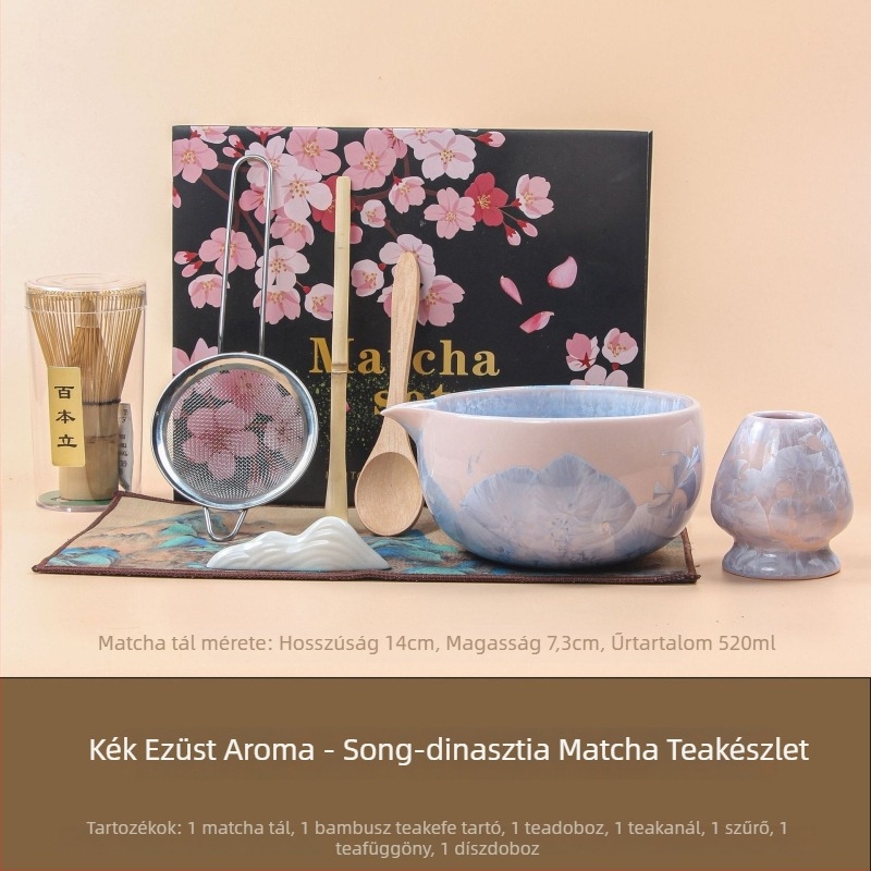 Japán stílusú matcha tál szájjal — kristályos mázzal, kemencében égetett készlet whisk és mérőkanál