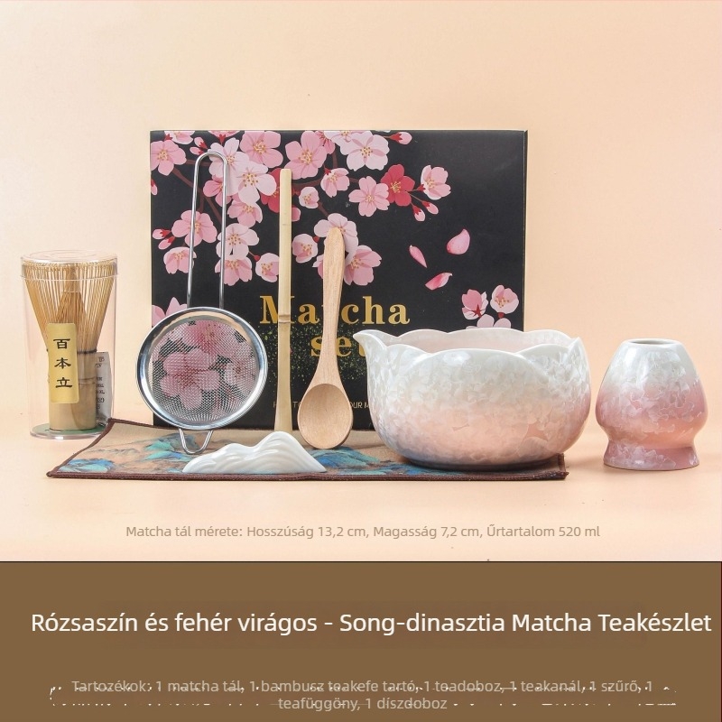Japán stílusú matcha tál szájjal — kristályos mázzal, kemencében égetett készlet whisk és mérőkanál