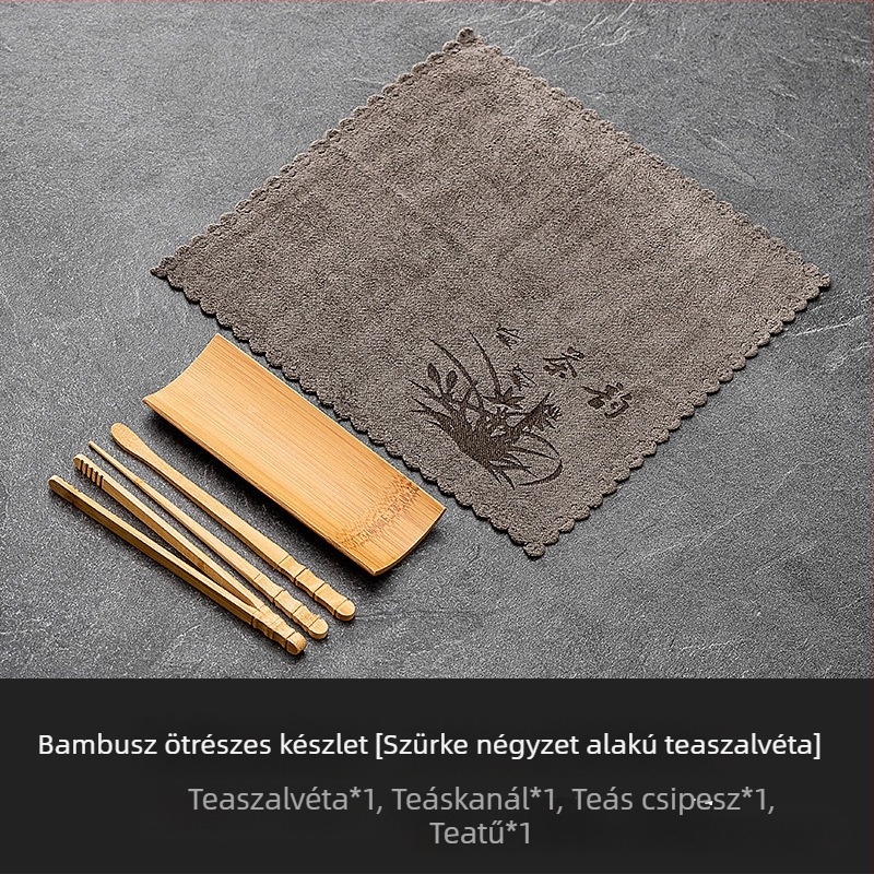 Bambusz teaceremónia három darabos készlet: tea tű, teáskanál és tea eszköz; kézzel készített lotus tálca és nedvszívó teázó törölköző