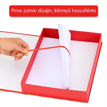 Vörös, vastagított pártépítési információs doboz, tartós műanyag és karton alap, aranyfóliás dombornyomással