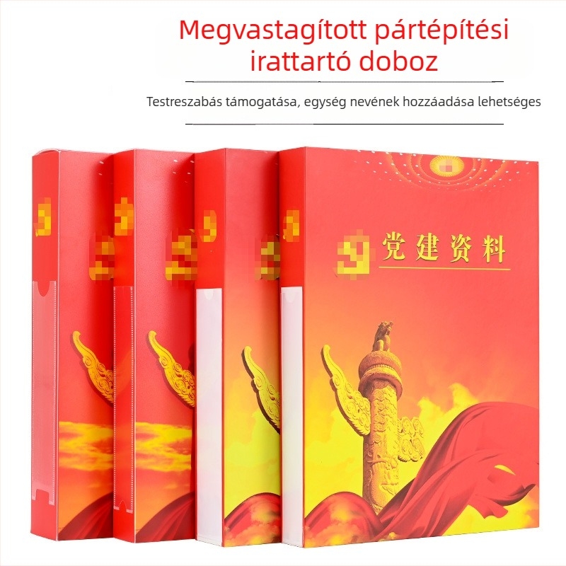 Vörös, vastagított pártépítési információs doboz, tartós műanyag és karton alap, aranyfóliás dombornyomással