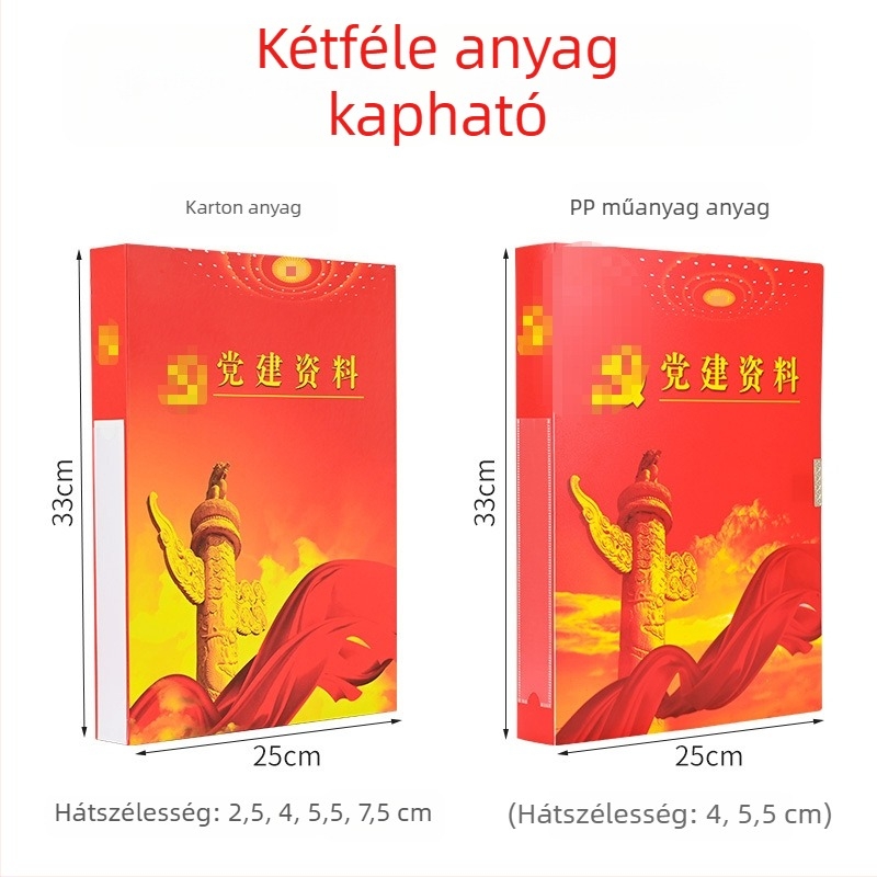 Vörös, vastagított pártépítési információs doboz, tartós műanyag és karton alap, aranyfóliás dombornyomással