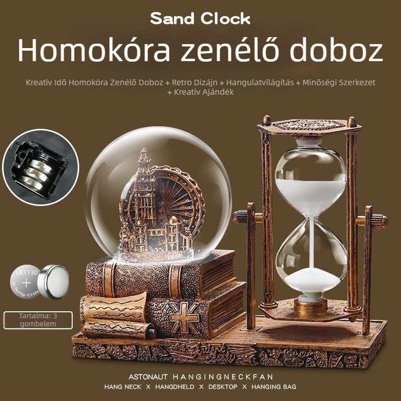 Retro vas torony homokórával és kristálygömbbel, európai stílusú zenés doboz, világító asztali dekoráció, diplomaemlék ajándék