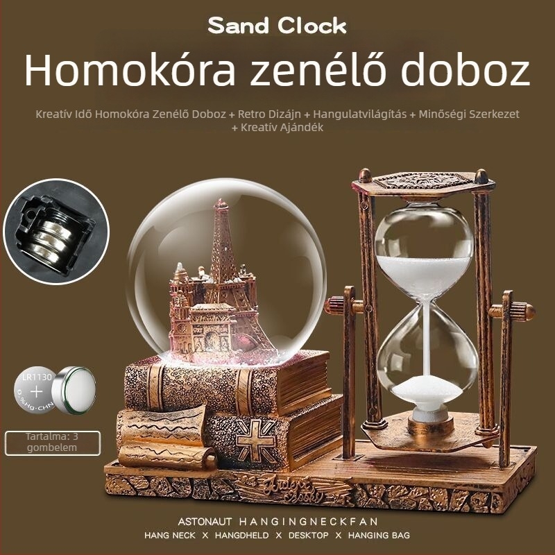 Retro vas torony homokórával és kristálygömbbel, európai stílusú zenés doboz, világító asztali dekoráció, diplomaemlék ajándék