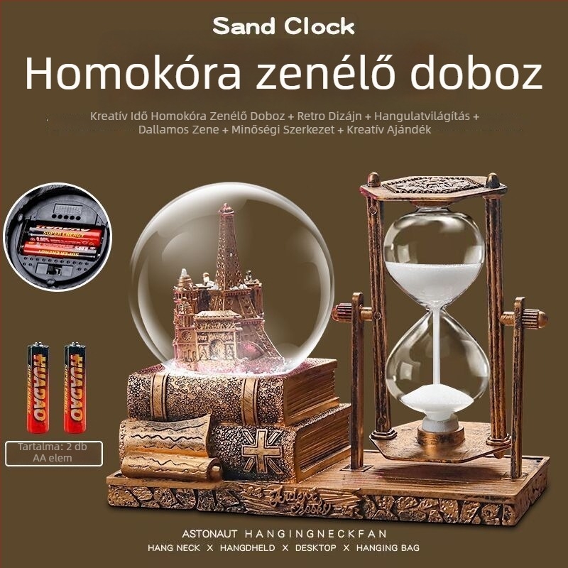 Retro vas torony homokórával és kristálygömbbel, európai stílusú zenés doboz, világító asztali dekoráció, diplomaemlék ajándék