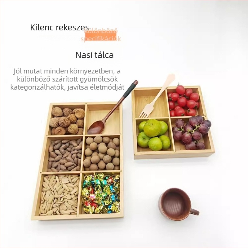 Négyszögletes bambusz- és faanyagból készült kilenc rekeszes snack tálca, gyümölcs- és ételtál, forró fazék rács