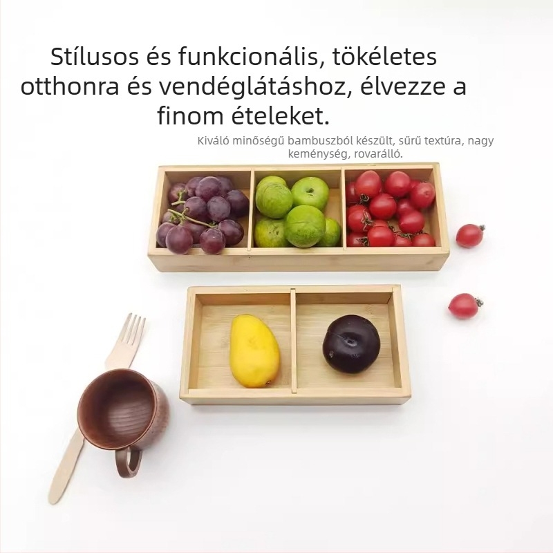 Négyszögletes bambusz- és faanyagból készült kilenc rekeszes snack tálca, gyümölcs- és ételtál, forró fazék rács