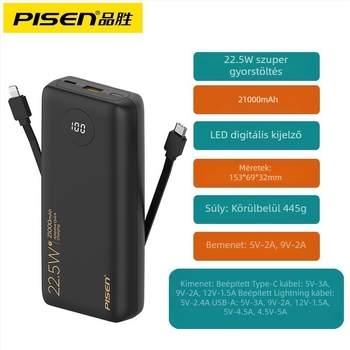 Pisen Power Bank beépített kábellel, 10500mAh, 22.5W PD, ultra vékony, kompakt