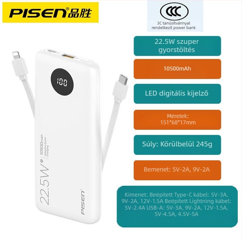 Pisen Power Bank beépített kábellel, 10500mAh, 22.5W PD, ultra vékony, kompakt