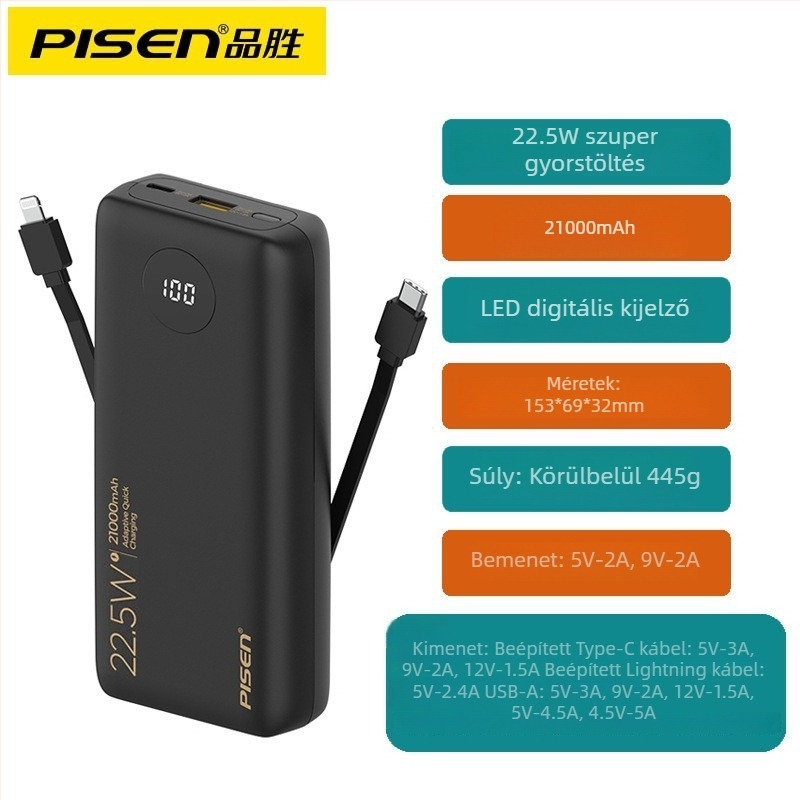 Pisen Power Bank beépített kábellel, 10500mAh, 22.5W PD, ultra vékony, kompakt