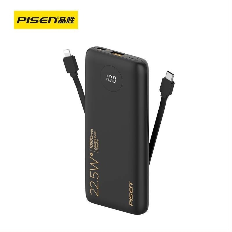 Pisen Power Bank beépített kábellel, 10500mAh, 22.5W PD, ultra vékony, kompakt