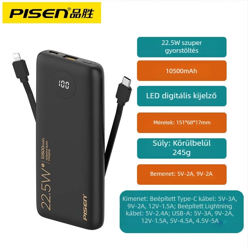 Pisen Power Bank beépített kábellel, 10500mAh, 22.5W PD, ultra vékony, kompakt