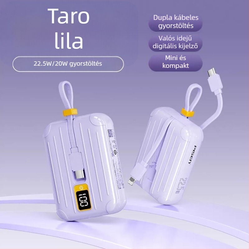 Pisen Power Bank beépített kábellel, 10500mAh, 22.5W PD, ultra vékony, kompakt