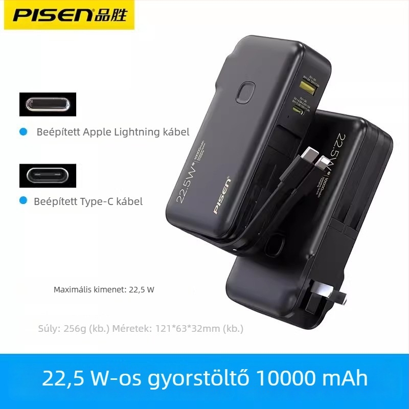 Pisen Power Bank beépített kábellel, 10500mAh, 22.5W PD, ultra vékony, kompakt
